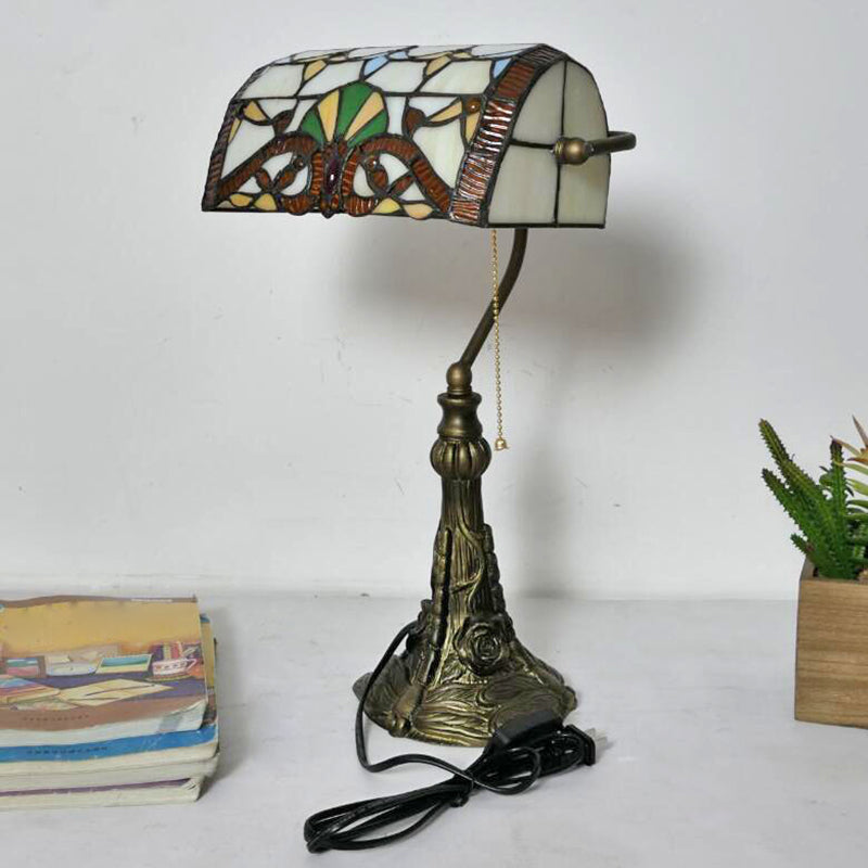 Bronze 1-Bulb Pull Chain Desk Light Mediterranean Hand Cut Glass Rollover Shade Nightstand Lamp with Plug-In Cord Bronze Clearhalo 'Lamps' 'Table Lamps' Lighting' 893907