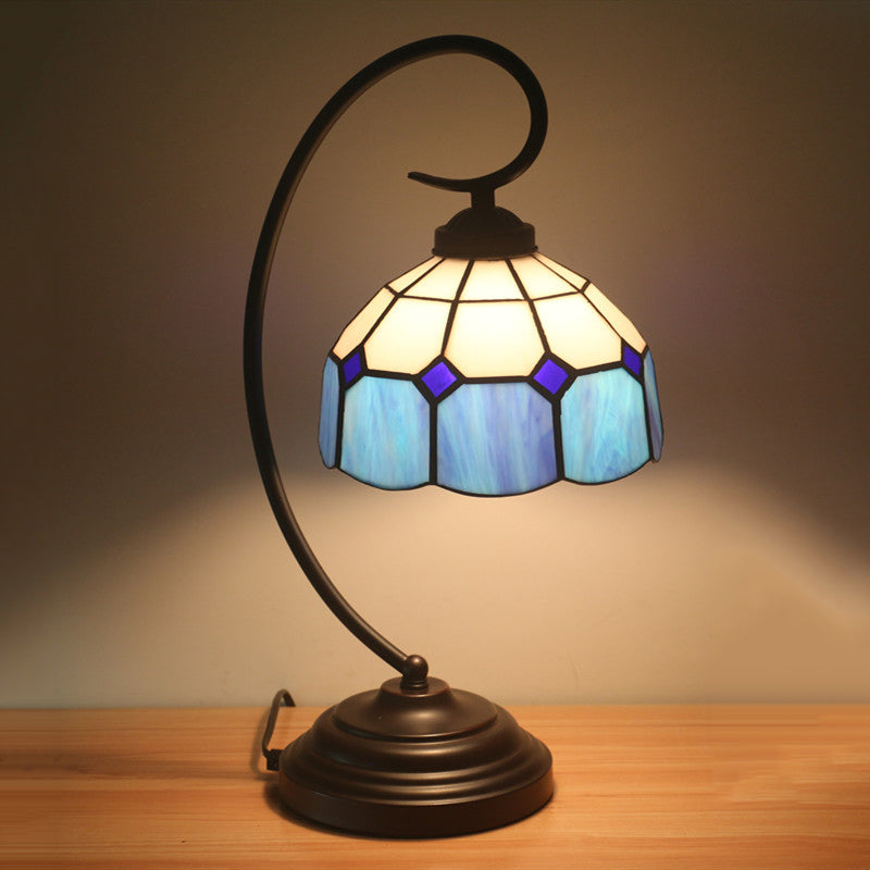 1 Head Grid Dome Night Table Lamp Baroque Orange/Blue/Yellow Cut Glass Task Lighting with Swirl Arm Blue Clearhalo 'Desk Lamps' 'Lamps' Lighting' 893915