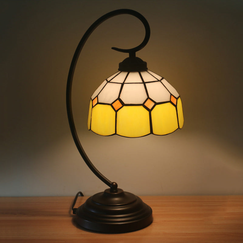 1 Head Grid Dome Night Table Lamp Baroque Orange/Blue/Yellow Cut Glass Task Lighting with Swirl Arm Yellow Clearhalo 'Desk Lamps' 'Lamps' Lighting' 893919