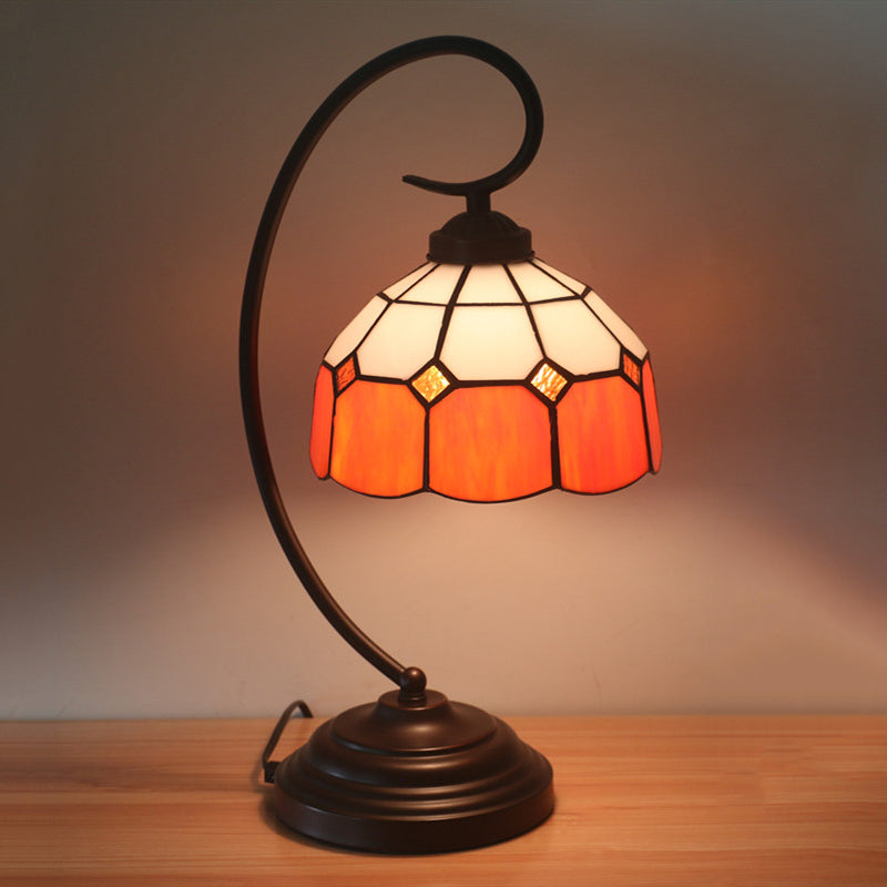 1 Head Grid Dome Night Table Lamp Baroque Orange/Blue/Yellow Cut Glass Task Lighting with Swirl Arm Orange Clearhalo 'Desk Lamps' 'Lamps' Lighting' 893923