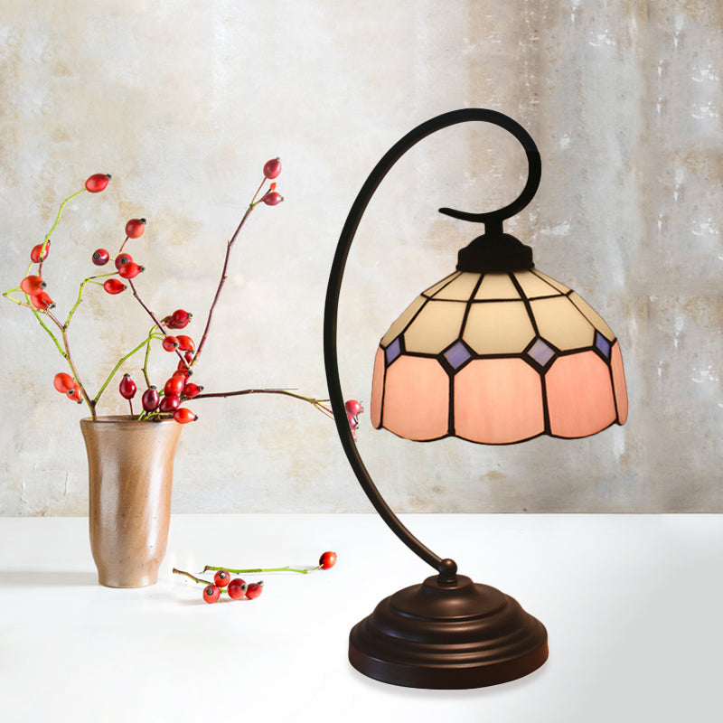 Domed Night Light Tiffany Hand Cut Glass 1 Head Red/Pink Grid Patterned Nightstand Lamp with Curved Arm Clearhalo 'Desk Lamps' 'Lamps' Lighting' 893928