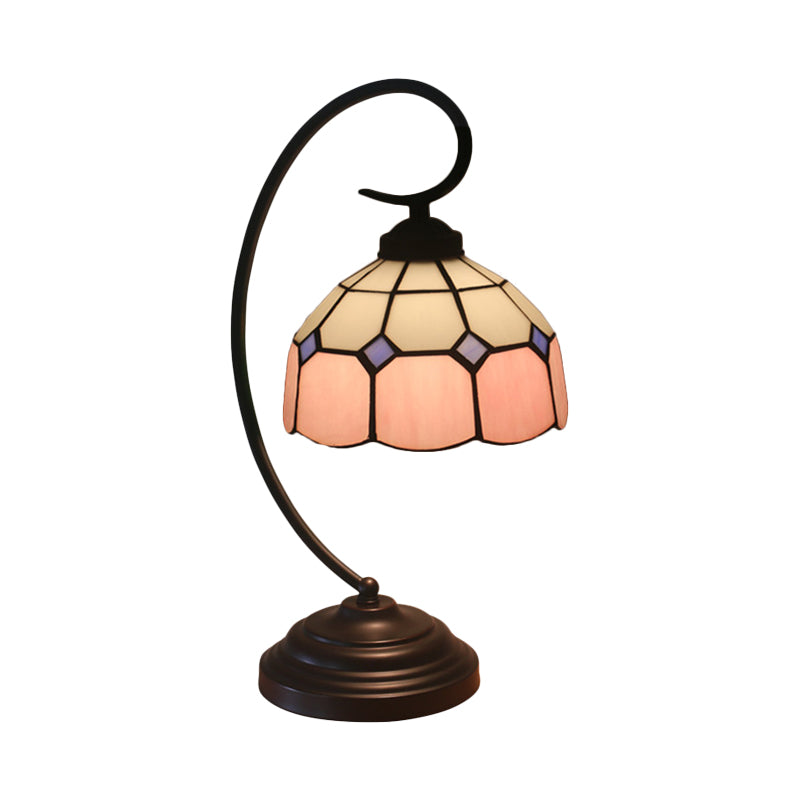 Domed Night Light Tiffany Hand Cut Glass 1 Head Red/Pink Grid Patterned Nightstand Lamp with Curved Arm Clearhalo 'Desk Lamps' 'Lamps' Lighting' 893929