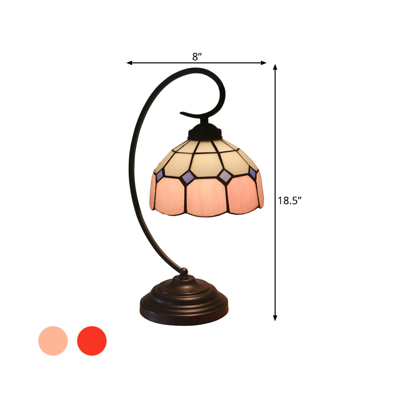 Domed Night Light Tiffany Hand Cut Glass 1 Head Red/Pink Grid Patterned Nightstand Lamp with Curved Arm Clearhalo 'Desk Lamps' 'Lamps' Lighting' 893930