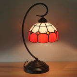 Domed Night Light Tiffany Hand Cut Glass 1 Head Red/Pink Grid Patterned Nightstand Lamp with Curved Arm Red Clearhalo 'Desk Lamps' 'Lamps' Lighting' 893931