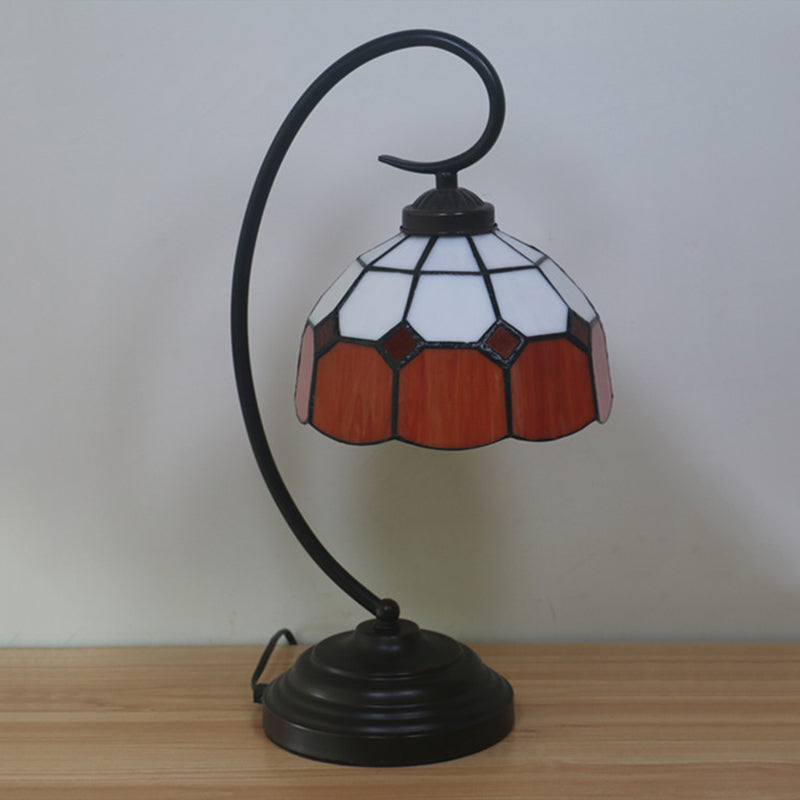 Domed Night Light Tiffany Hand Cut Glass 1 Head Red/Pink Grid Patterned Nightstand Lamp with Curved Arm Clearhalo 'Desk Lamps' 'Lamps' Lighting' 893932