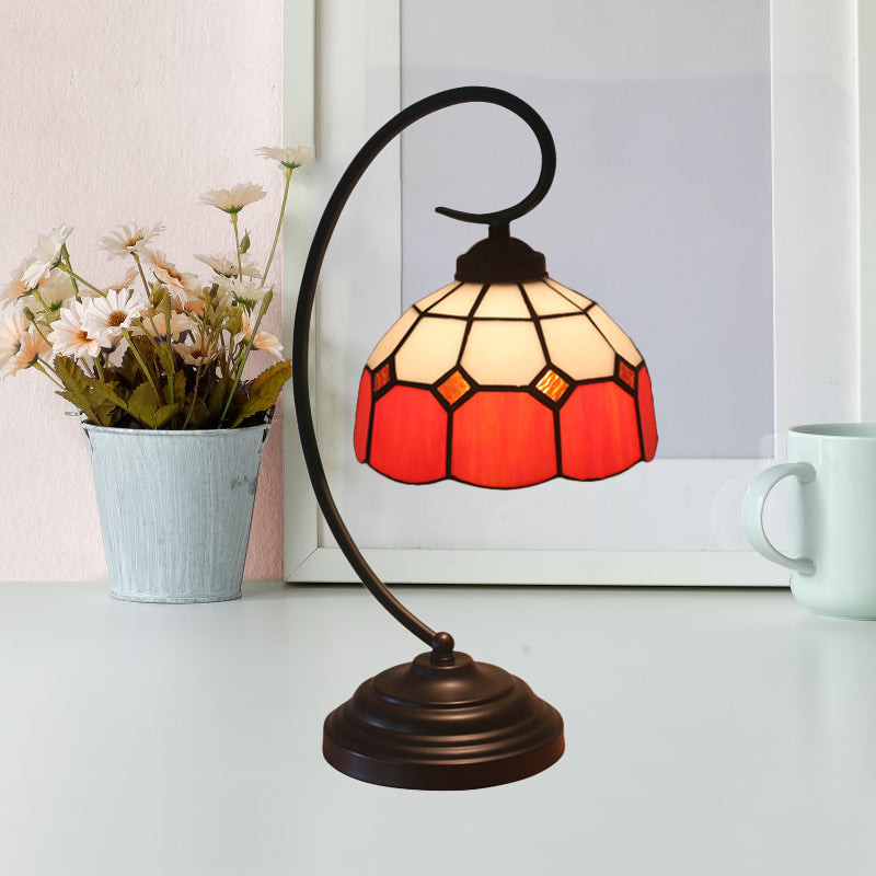 Domed Night Light Tiffany Hand Cut Glass 1 Head Red/Pink Grid Patterned Nightstand Lamp with Curved Arm Clearhalo 'Desk Lamps' 'Lamps' Lighting' 893933