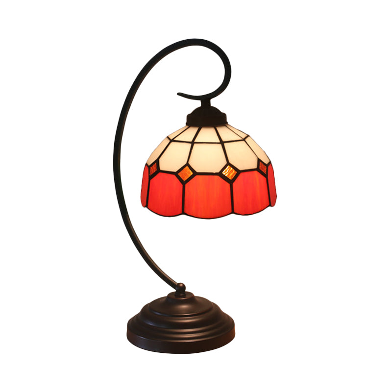 Domed Night Light Tiffany Hand Cut Glass 1 Head Red/Pink Grid Patterned Nightstand Lamp with Curved Arm Clearhalo 'Desk Lamps' 'Lamps' Lighting' 893934
