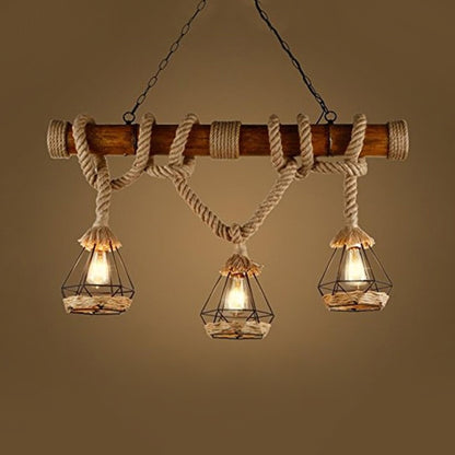 Rope and Metal Beige Island Lighting Diamond Cage Shade 3 Lights Lodge Island Pendant Lighting for Restaurant Beige Clearhalo 'Ceiling Lights' 'Island Lights' Lighting' 89394