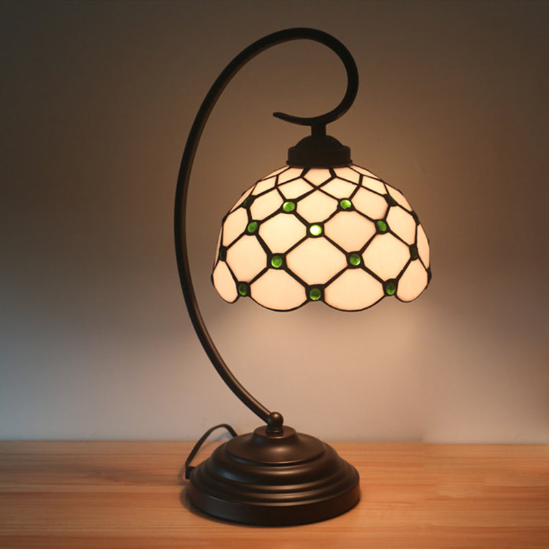 Bronze Bowl Night Table Lamp Tiffany 1 Head Beige/White Glass Clear/Blue/Green Beaded Patterned Desk Light with Swirl Arm Green Clearhalo 'Desk Lamps' 'Lamps' Lighting' 893943