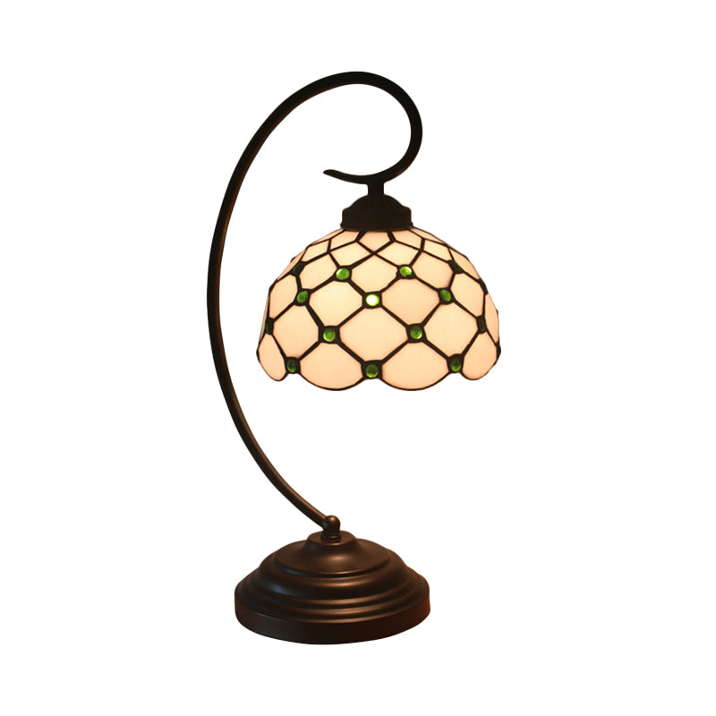 Bronze Bowl Night Table Lamp Tiffany 1 Head Beige/White Glass Clear/Blue/Green Beaded Patterned Desk Light with Swirl Arm Clearhalo 'Desk Lamps' 'Lamps' Lighting' 893946