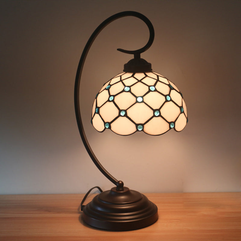 Bronze Bowl Night Table Lamp Tiffany 1 Head Beige/White Glass Clear/Blue/Green Beaded Patterned Desk Light with Swirl Arm Blue Clearhalo 'Desk Lamps' 'Lamps' Lighting' 893951