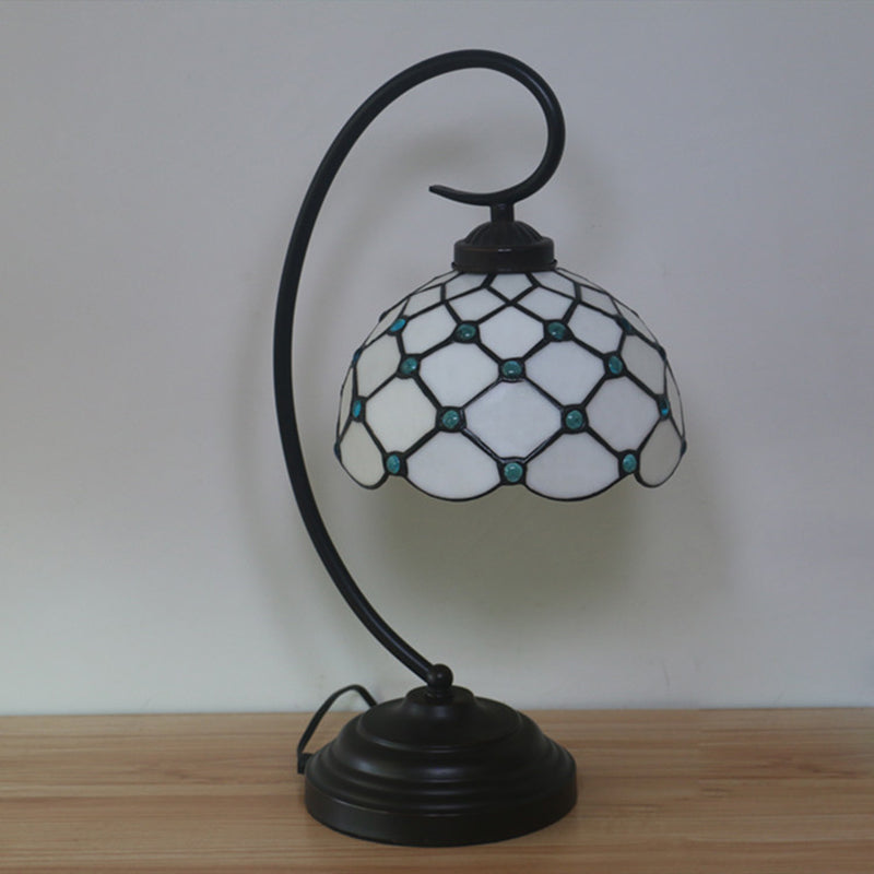 Bronze Bowl Night Table Lamp Tiffany 1 Head Beige/White Glass Clear/Blue/Green Beaded Patterned Desk Light with Swirl Arm Clearhalo 'Desk Lamps' 'Lamps' Lighting' 893952