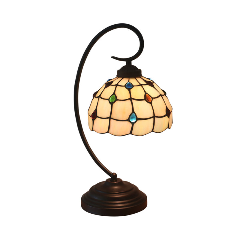 Curvy Arm Metal Night Table Light Baroque 1 Light Dark Coffee Task Lighting with Lattice Bowl Beige Glass Shade Clearhalo 'Desk Lamps' 'Lamps' Lighting' 893957