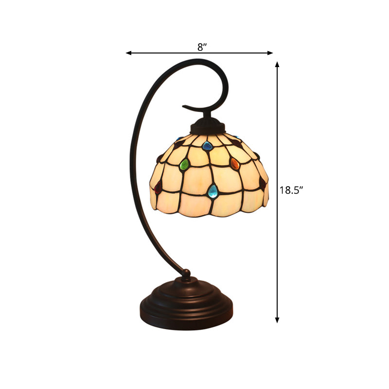 Curvy Arm Metal Night Table Light Baroque 1 Light Dark Coffee Task Lighting with Lattice Bowl Beige Glass Shade Clearhalo 'Desk Lamps' 'Lamps' Lighting' 893958