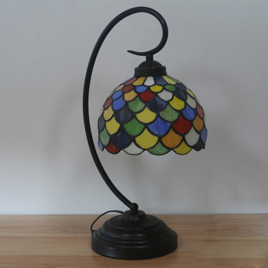 Domed Nightstand Lighting 1 Light Stained Glass Victorian Fishscale Patterned Task Lamp in Dark Coffee with Curved Arm Dark Coffee Clearhalo 'Desk Lamps' 'Lamps' Lighting' 893967