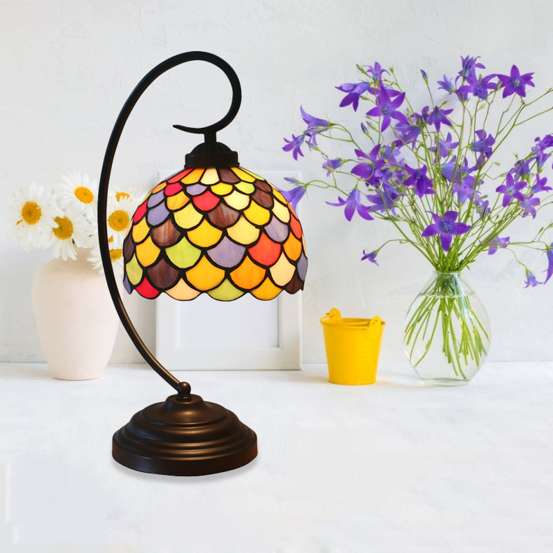 Domed Nightstand Lighting 1 Light Stained Glass Victorian Fishscale Patterned Task Lamp in Dark Coffee with Curved Arm Clearhalo 'Desk Lamps' 'Lamps' Lighting' 893968