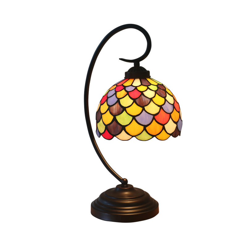 Domed Nightstand Lighting 1 Light Stained Glass Victorian Fishscale Patterned Task Lamp in Dark Coffee with Curved Arm Clearhalo 'Desk Lamps' 'Lamps' Lighting' 893969