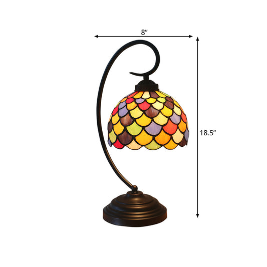 Domed Nightstand Lighting 1 Light Stained Glass Victorian Fishscale Patterned Task Lamp in Dark Coffee with Curved Arm Clearhalo 'Desk Lamps' 'Lamps' Lighting' 893970