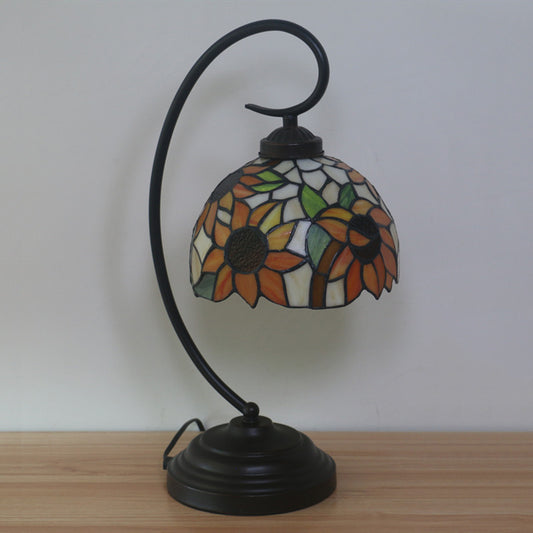 1 Bulb Night Lamp Mediterranean Sunflower Stained Glass Nightstand Light in Dark Coffee with Swirl Arm Clearhalo 'Desk Lamps' 'Lamps' Lighting' 893976