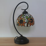 1 Bulb Night Lamp Mediterranean Sunflower Stained Glass Nightstand Light in Dark Coffee with Swirl Arm Clearhalo 'Desk Lamps' 'Lamps' Lighting' 893976