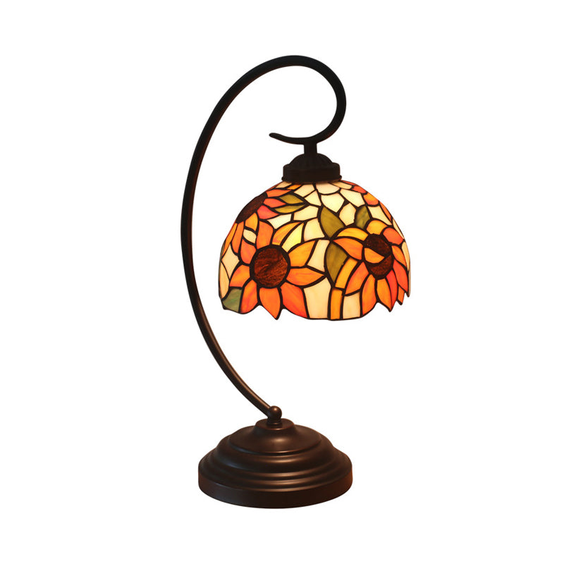 1 Bulb Night Lamp Mediterranean Sunflower Stained Glass Nightstand Light in Dark Coffee with Swirl Arm Clearhalo 'Desk Lamps' 'Lamps' Lighting' 893977
