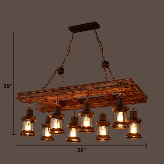 Lantern Clear Glass Hanging Pendant Rustic 8-Light Kitchen Island Light Fixture in Black with Wood Clearhalo 'Ceiling Lights' 'Island Lights' Lighting' 89397