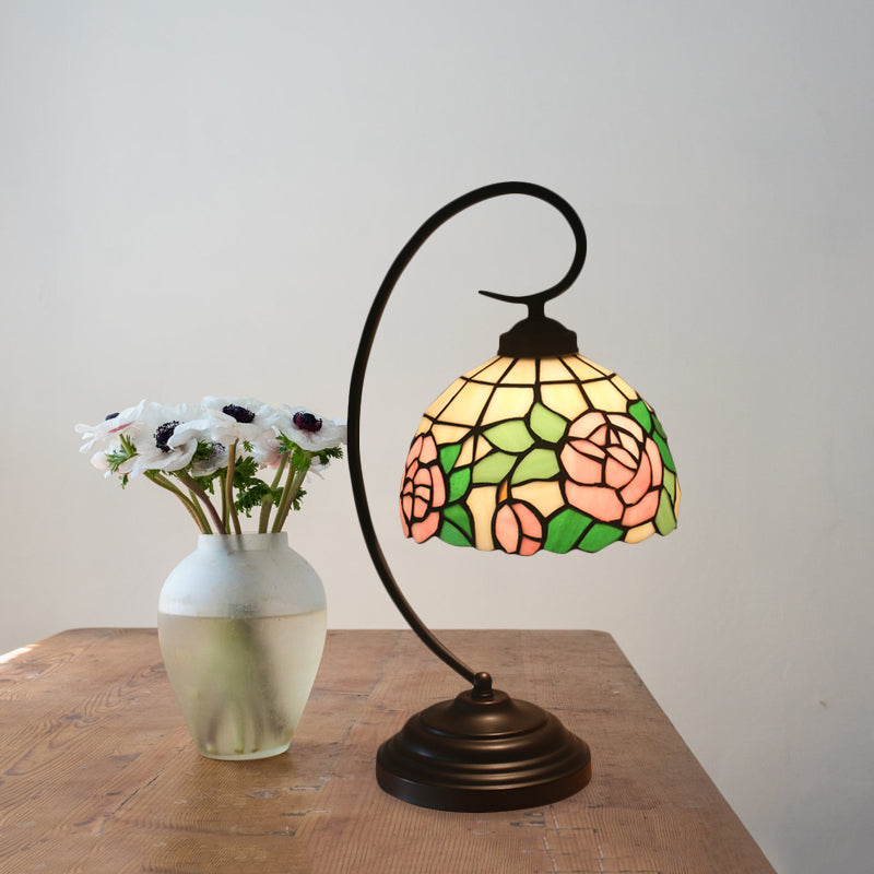 Bronze Curvy Night Light Baroque 1 Head Metal Red/Pink Rose/Tulip Patterned Desk Lighting with Bowl Cut Glass Shade Clearhalo 'Desk Lamps' 'Lamps' Lighting' 893980