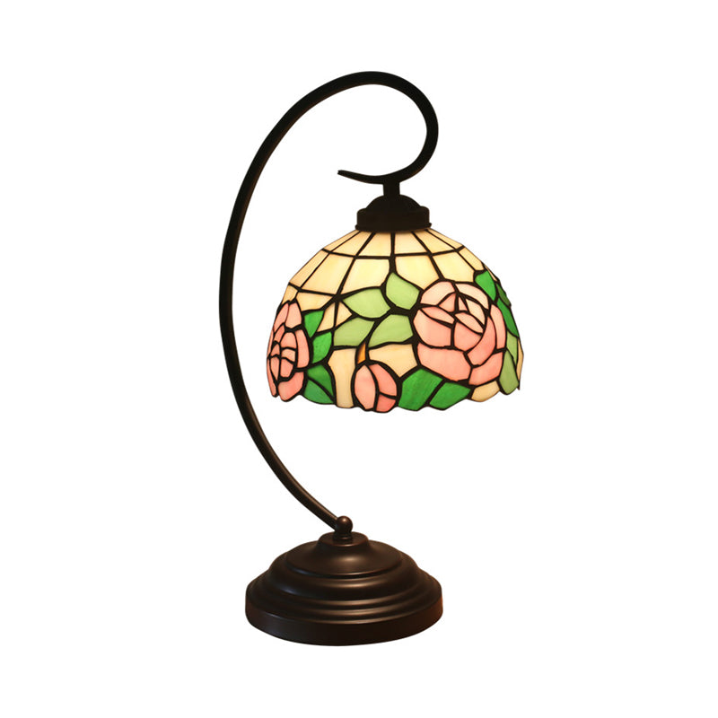 Bronze Curvy Night Light Baroque 1 Head Metal Red/Pink Rose/Tulip Patterned Desk Lighting with Bowl Cut Glass Shade Clearhalo 'Desk Lamps' 'Lamps' Lighting' 893981