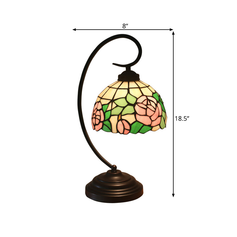 Bronze Curvy Night Light Baroque 1 Head Metal Red/Pink Rose/Tulip Patterned Desk Lighting with Bowl Cut Glass Shade Clearhalo 'Desk Lamps' 'Lamps' Lighting' 893982