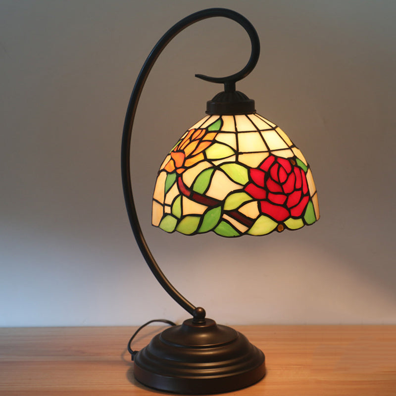 Bronze Curvy Night Light Baroque 1 Head Metal Red/Pink Rose/Tulip Patterned Desk Lighting with Bowl Cut Glass Shade Red Clearhalo 'Desk Lamps' 'Lamps' Lighting' 893983