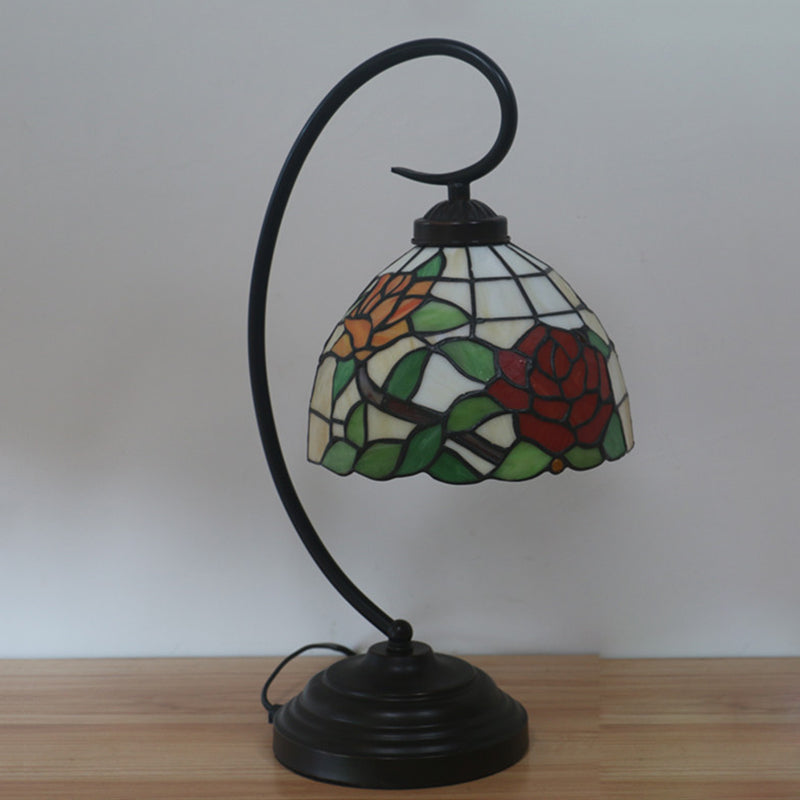 Bronze Curvy Night Light Baroque 1 Head Metal Red/Pink Rose/Tulip Patterned Desk Lighting with Bowl Cut Glass Shade Clearhalo 'Desk Lamps' 'Lamps' Lighting' 893984