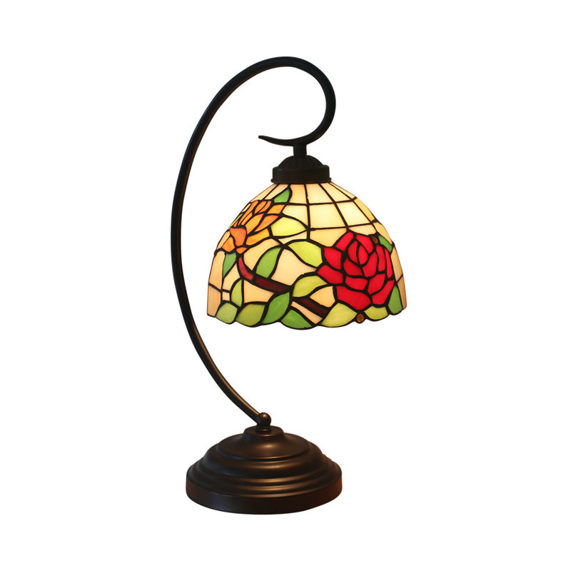 Bronze Curvy Night Light Baroque 1 Head Metal Red/Pink Rose/Tulip Patterned Desk Lighting with Bowl Cut Glass Shade Clearhalo 'Desk Lamps' 'Lamps' Lighting' 893986