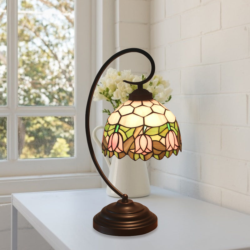 Bronze Curvy Night Light Baroque 1 Head Metal Red/Pink Rose/Tulip Patterned Desk Lighting with Bowl Cut Glass Shade Clearhalo 'Desk Lamps' 'Lamps' Lighting' 893989