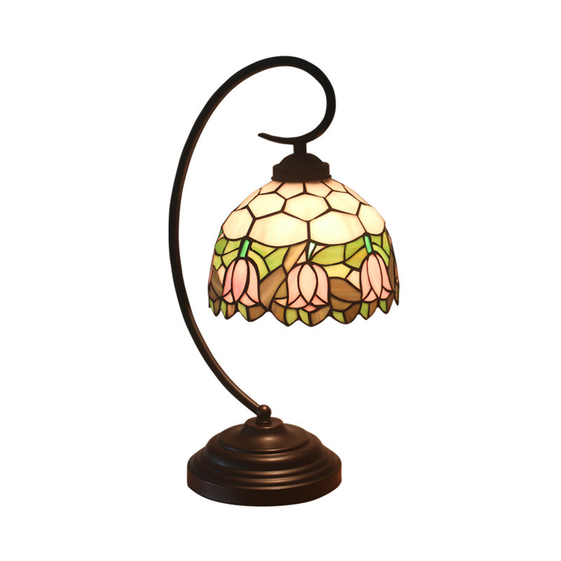 Bronze Curvy Night Light Baroque 1 Head Metal Red/Pink Rose/Tulip Patterned Desk Lighting with Bowl Cut Glass Shade Clearhalo 'Desk Lamps' 'Lamps' Lighting' 893990