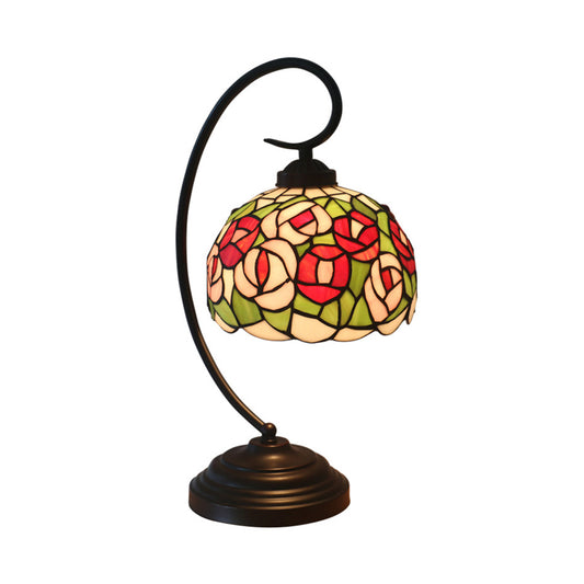 1-Light Bedroom Night Light Baroque Dark Coffee Flower Patterned Desk Lamp with Dome Stained Glass Shade Clearhalo 'Desk Lamps' 'Lamps' Lighting' 893997