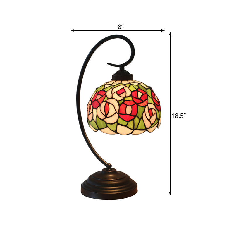 1-Light Bedroom Night Light Baroque Dark Coffee Flower Patterned Desk Lamp with Dome Stained Glass Shade Clearhalo 'Desk Lamps' 'Lamps' Lighting' 893998