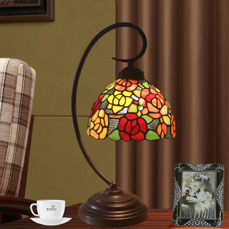 Rose Patterned Night Lamp 1-Head Stained Art Glass Victorian Nightstand Light in Dark Coffee with Swirl Arm Dark Coffee Clearhalo 'Desk Lamps' 'Lamps' Lighting' 893999