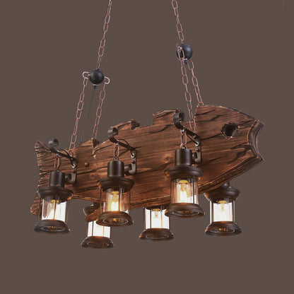Brown Caged Island Pendant Light Rustic Clear Glass 6-Bulb Dining Room Hanging Lighting with Wooden Fish Design Brown Clearhalo 'Ceiling Lights' 'Island Lights' Lighting' 89400