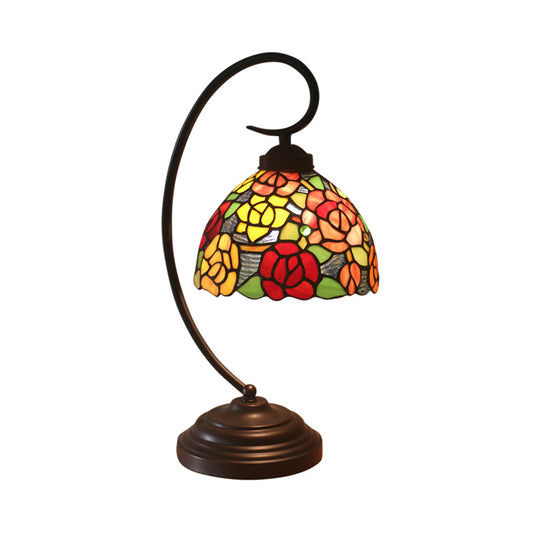 Rose Patterned Night Lamp 1-Head Stained Art Glass Victorian Nightstand Light in Dark Coffee with Swirl Arm Clearhalo 'Desk Lamps' 'Lamps' Lighting' 894001