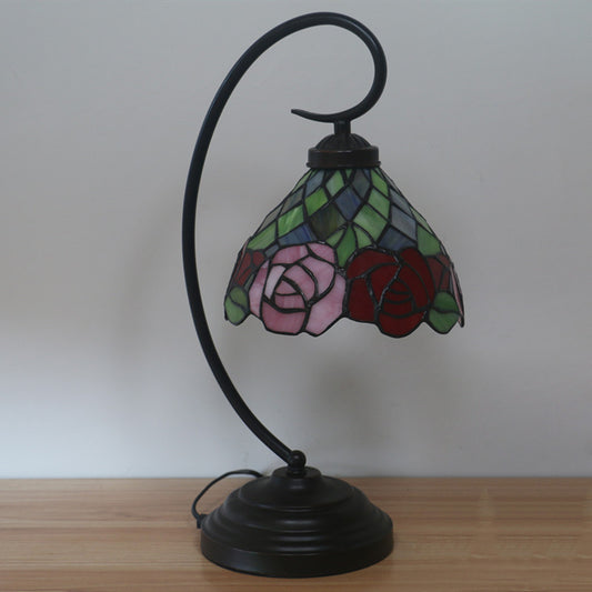 Victorian Bowl Table Lamp 1 Head Stained Art Glass Rose Patterned Desk Lamp in Dark Coffee Clearhalo 'Desk Lamps' 'Lamps' Lighting' 894008