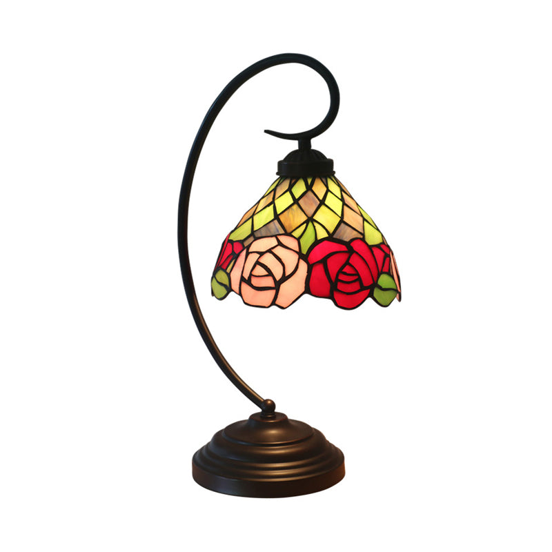 Victorian Bowl Table Lamp 1 Head Stained Art Glass Rose Patterned Desk Lamp in Dark Coffee Clearhalo 'Desk Lamps' 'Lamps' Lighting' 894009