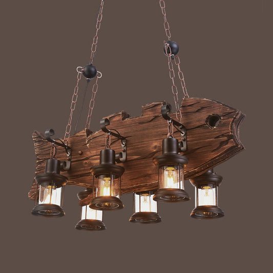 Brown Caged Island Pendant Light Rustic Clear Glass 6-Bulb Dining Room Hanging Lighting with Wooden Fish Design Brown Clearhalo 'Ceiling Lights' 'Island Lights' Lighting' 89400