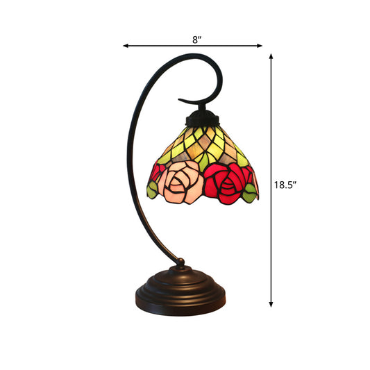 Victorian Bowl Table Lamp 1 Head Stained Art Glass Rose Patterned Desk Lamp in Dark Coffee Clearhalo 'Desk Lamps' 'Lamps' Lighting' 894010