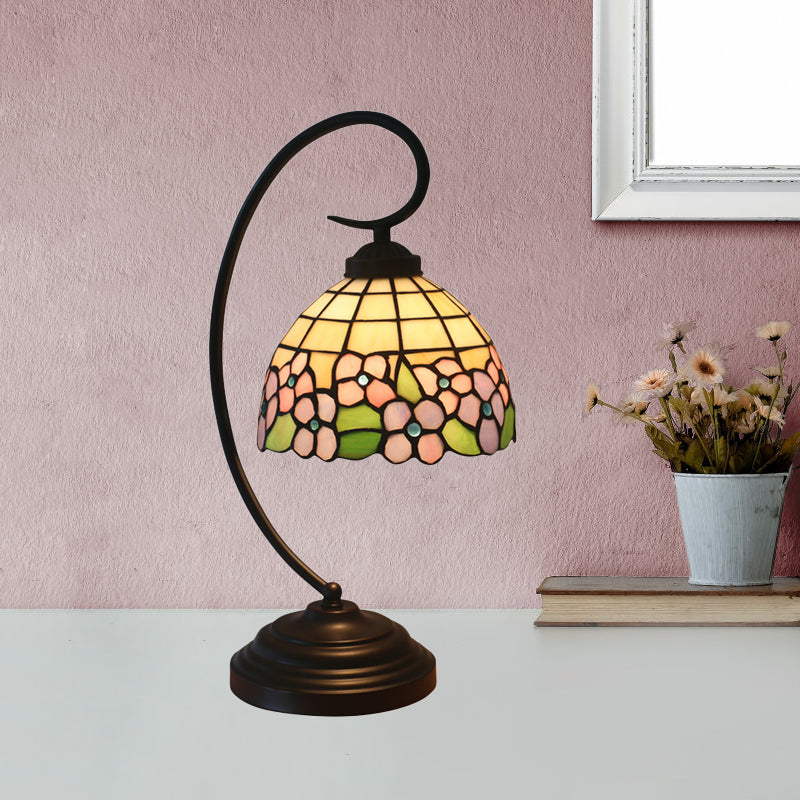 Pink/Orange 1-Head Desk Light Tiffany Hand Cut Glass Bowl Shape Night Table Lamp with Blossom Pattern for Bedroom Blue Clearhalo 'Desk Lamps' 'Lamps' Lighting' 894011