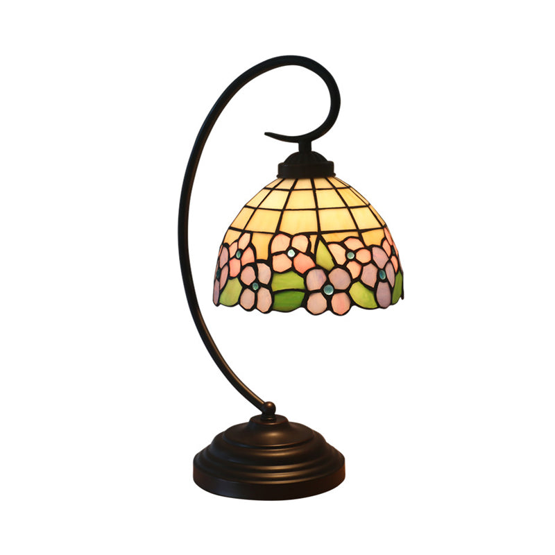 Pink/Orange 1-Head Desk Light Tiffany Hand Cut Glass Bowl Shape Night Table Lamp with Blossom Pattern for Bedroom Clearhalo 'Desk Lamps' 'Lamps' Lighting' 894013