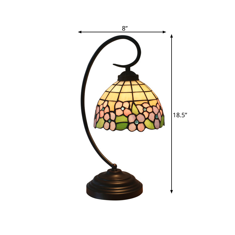 Pink/Orange 1-Head Desk Light Tiffany Hand Cut Glass Bowl Shape Night Table Lamp with Blossom Pattern for Bedroom Clearhalo 'Desk Lamps' 'Lamps' Lighting' 894014