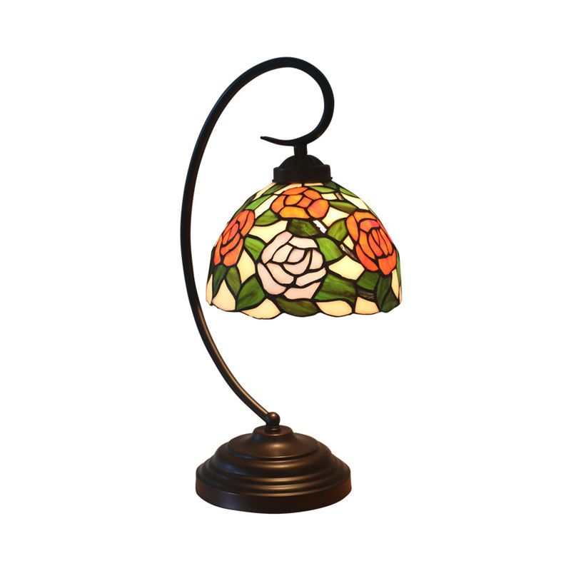 Pink/Orange 1-Head Desk Light Tiffany Hand Cut Glass Bowl Shape Night Table Lamp with Blossom Pattern for Bedroom Clearhalo 'Desk Lamps' 'Lamps' Lighting' 894018