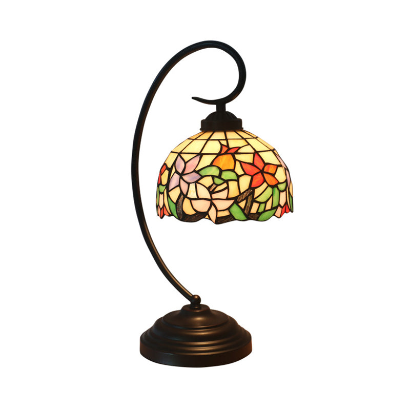 Pink/Orange 1-Head Desk Light Tiffany Hand Cut Glass Bowl Shape Night Table Lamp with Blossom Pattern for Bedroom Clearhalo 'Desk Lamps' 'Lamps' Lighting' 894022