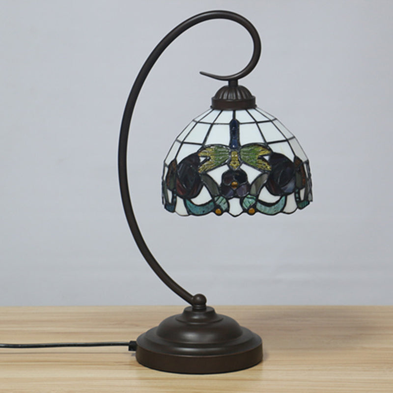 1 Bulb Dome Shaped Night Table Light Tiffany Dark Coffee Stained Glass Nightstand Lamp with Butterfly and Flower Pattern Clearhalo 'Desk Lamps' 'Lamps' Lighting' 894028