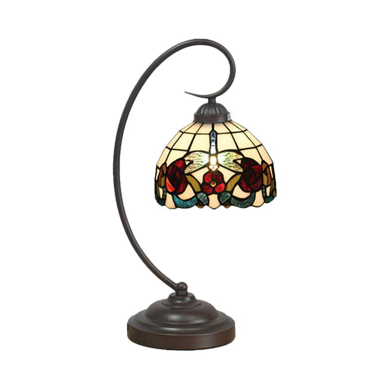 1 Bulb Dome Shaped Night Table Light Tiffany Dark Coffee Stained Glass Nightstand Lamp with Butterfly and Flower Pattern Clearhalo 'Desk Lamps' 'Lamps' Lighting' 894029
